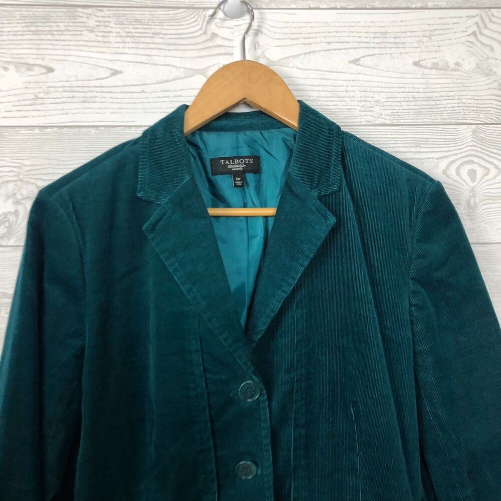 Talbots Women's 12 PETITE Button Front Blazer Jacket Green Corduroy Long Sleeve - Picture 2 of 7